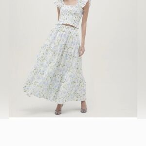 Hill House Floral Tiered Maxi Skirt - White, Light Blue & Green
